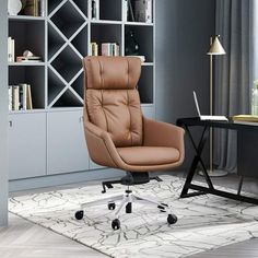 a brown leather office chair sitting on top of a white rug in front of a book shelf