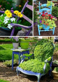 four pictures of different chairs with flowers in them and some plants growing out of them