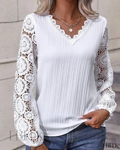 Ebeek - Stylish Long Sleeve Top with V-Neck and Intricate Lace Patch White Lace Long Sleeve, Lace Long Sleeve, Blouse Material, Floral Print Blouses, V Neck Blouse, Blouse Fabric, Lace Tops, Long Sleeve Lace, Women's Tops