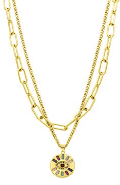 Layers of mixed chain add an edgier look to a necklace that suspends an evil-eye pendant encrusted with colorful cubic zirconia. 15–16" length; 3" extender; 0.5"W x 0.5"L pendant 14k-gold plate/cubic zirconia Imported Metal Chain Necklace With Delicate Initial Pendant, Metal Chain Necklace With Initial Pendant And Delicate Chain, Delicate Metal Chain Necklace With Initial Pendant, Dangle Double Chain Necklace As Gift, Dangle Double Chain Necklace For Gift, Metal Initial Pendant Chain Necklace, Layered Chain Necklace, Layered Chain, Layered Chains