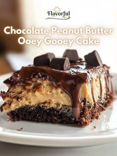 chocolate peanut butter ooey gooey cake on a white plate with text overlay