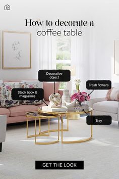 a living room with couches, tables and flowers on the coffee table is featured in this ad