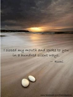 two rocks sitting on top of a sandy beach under a cloudy sky with the words i closed my mouth and spoke to you in a hundred silent ways