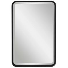 a square mirror with black frame and white border on the bottom, in front of a white background