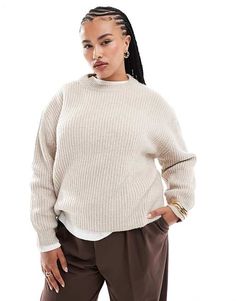 ASOS DESIGN Curve chunky crew neck rib sweater in oatmeal | ASOS Neutral Ribbed Sweater For Layering, Beige Sweater With Ribbed Collar For Everyday, Plus Size Chunky Sweater, Neutral Crew Neck Sweater With Textured Knit, Casual Oatmeal Sweater For Winter, Casual Oatmeal Sweater For Fall, Beige Relaxed Fit Sweater For Work, Neutral Crew Neck Sweater For Workwear, Winter Ribbed Neutral Sweater