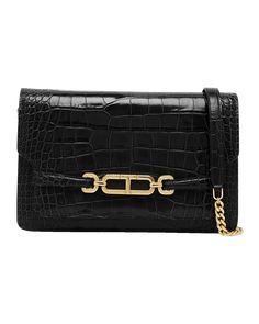 TOM FORD "Whitney" shoulder bag in shiny croc-embossed leather  Chain/leather shoulder strap, 11" drop/ 23.6"L Flap top with magnetic closure  Interior, one slip pocket  Lining: Leather Approx. 7.5"H x 11.8"W x 3"D Item Weight (Lbs.): 1.9 Made in Italy Tom Ford Brand, Tom Ford Bag, Black Toms, Closet Organizer, Croc Leather, Black Shoulder Bag, Womens Toms, Types Of Bag, Small Shoulder Bag