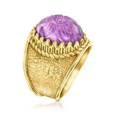 Ross-Simons - 8.25 Carat Amethyst Flower Ring in 18kt Gold Over Sterling. Size 5. Amethyst lovers will be delighted by the unique details of this beautiful design! Our Etruscan-style ring features a big 8.25 carat oval amethyst carved with a fancy floral. Finely crafted in sunny 18kt yellow gold over sterling silver with a leaf-inspired border and organic textured and polished finishes. 3/4" wide. Amethyst flower ring. Amethyst birthstones are the perfect gift for February birthdays. Amethyst Flower, Amethyst Birthstone, February Birthday, Flower Ring, Beautiful Design, Amethyst, Yellow Gold, Size 7, Carving