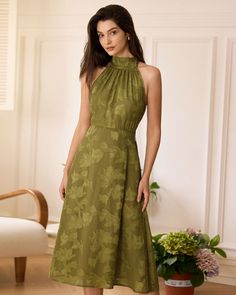 The Green Jacquard Ruched Halter Midi Dress & Reviews - Green - Dresses | RIHOAS Green Midi Dress Wedding, Halter Neck Dress Formal, Midi Dress Wedding, Green Dresses, Halter Midi Dress, Garden Parties, Green Midi Dress, Halterneck Dress, Midi Maxi Dress