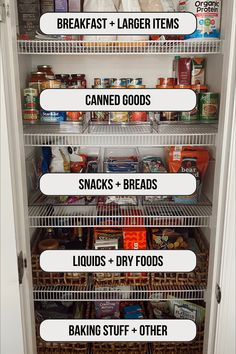 an open refrigerator filled with lots of food and labeled labels on the shelves that read, breakfast + laborer items canned goods snacks - breads - dry foods