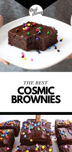 chocolate brownies with sprinkles on top and the words, the best cosmic brownies