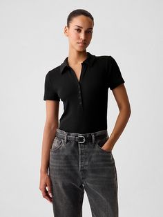 Modern Rib Polo Bodysuit Classic Fitted Gap Tops, Casual Short Sleeve Bodysuit For Everyday Wear, Casual Fitted Short Sleeve Bodysuit For Everyday, Fitted Collared Polo Shirt For Everyday, Casual Short Sleeve Bodysuit For Work, Fitted Collared Gap Tops, Fitted Button-up Gap Tops, Black Polo Shirt Outfit, Black Polo Shirt Outfit Woman