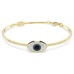 Dress yourself in positivity with this Symbolica bangle. The gold-tone plated jewelry features a pavé band with a domed evil eye at its center, embellished with clear, blue, and black pavé. The soft closure ensures an easy and comfortable fit around the wrist. Wear this piece to welcome good energy every day. Evil Eye Blue, Flowers For Men, Pink Watch, Wrist Wear, Rose Gold Watches, Accessories Ideas, Gold Plated Bracelets, Swarovski Jewelry, Custom Jewelry Design