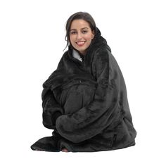 Cozy up with this stylish Tirrinia Micro Fleece Oversized Hoodie Blanket Sweatshirt, whether it be an ideal accessory for ourdoor, or just the sofa around the house, you will want one for every room and family member! This elegant blanket sweatshirt will come in handy on any occasion with a classic simple design that brings a stylish way to cuddle up in any room with the pleasant Fleece lining. Black Cozy Outerwear With Kangaroo Pocket, Cozy Black Sweatshirt With Fleece Lining, Comfy Black Winter Outerwear, Cozy Black Fleece Jacket, Ways To Cuddle, Blanket Sweatshirt, Bath Robes For Women, Sweatshirt Blanket, Oversized Blanket