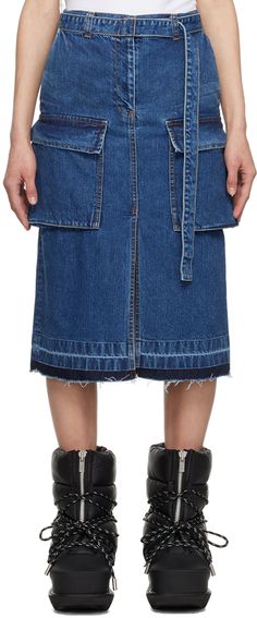 Non-stretch denim skirt. Fading throughout. · Belt loops and cinch belt at waistband · Four-pocket styling · Zip-fly · Cargo pockets at front · Central vent at front hem · Fringed detailing at hem · Logo-engraved gunmetal-tone hardware · Contrast stitching in tan Supplier color: Blue Cargo Denim Skirt, Stretch Denim Skirt, Cinch Belt, Mid Length Skirts, Denim Midi Skirt, Contrast Stitch, Stretch Denim, Denim Skirt, Apparel Accessories