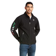 Our smart, sleek Team Softshell Jacket is for the athlete who demands the best. It's warm to the core and cut to perfection so you'll always ride in supreme comfort. Specially styled to celebrate Mexico. New Team Softshell MEXICO Jacket | Men's New Team Softshell MEXICO Jacket in Black, Size: Medium by Ariat Twisted X Boots, Water Resistant Jacket, Shirt Cuff, Man Logo, Soft Shell Jacket, Mens Outerwear, Large Black, Puma Jacket, Western Wear