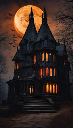 a creepy house with bats flying over it and the moon in the sky behind it