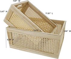 two wooden baskets sitting next to each other on top of a white surface with measurements