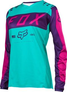 a women's jersey with the word fox on it in pink, blue and purple