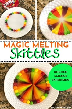 this is a collage of different pictures with the words magic melting skittles