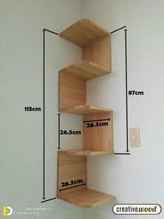 three wooden shelves on the wall with measurements for each shelf and height to fit them