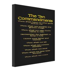 the ten commandments on a black canvas with yellow lettering and an image of two men