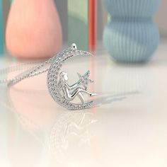 Sterling Silver Fairy - Etsy Necklace Magic, Sitting On The Moon, Fairy Sitting, Magic Fairy, Moon Fairy, Fairy Jewelry, Jewelry Birthday, On The Moon, Dainty Jewelry