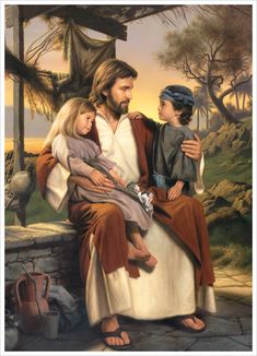 a painting of jesus holding a child and sitting on a bench with two other people