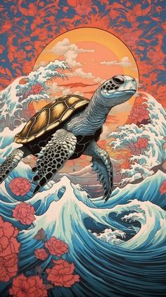 a painting of a turtle in the middle of a wave with flowers on it's back