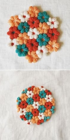 crocheted coasters with different colors and sizes are shown in the same image