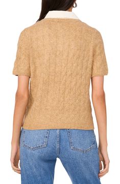 This cable-stitched sweater is contrasted by a woven collar in this twofer top that elevates in-office or off-duty looks. 19 1/2" length Point collar Short sleeves 73% acrylic, 24% polyester, 3% spandex Machine wash, tumble dry Imported Fall Textured Knit Collared Top, Brown Cable Knit Crew Neck Top, Fall Short Sleeve Knit Top With Ribbed Collar, Fall Ribbed Collar Knit Top With Short Sleeves, Fall Knit Top With Ribbed Collar And Short Sleeves, Beige Cable Knit Top For Work, Fall Cable Knit Short Sleeve Tops, Beige Knit Tops With Ribbed Collar, Beige Top With Ribbed Collar For Fall