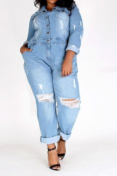 Relaxed fit denim jumpsuit in a relaxed fit with a rolled collar. Jumpsuit features button up closures, long sleeves, pockets on the front and back, ripped details, and wide legs. Denim Full Outfit, Collar Jumpsuit, Rolled Collar, Fitted Jumpsuit, Leather Shorts, Jeans Jumpsuit, Wide Legs, Plus Size Jeans, Denim Jumpsuit