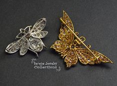 Complementary set of Edwardian period bee and butterfly brooches! These exhibit the platinum diamond and have many different types of diamond cuts. Total: 25.7 grams Total Diamonds: 6.4 carats Bee: Weight: 10.95 grams Size: 1.7 inch x 1.1 inch Precious Metal: Platinum Precious stones: -Diamond Rounds Butterfly: Weight: 14.75 grams Size: 2.5 inch x 1.2 inch Precious Metal: Platinum Precious stones: -Diamond Rounds Ornate Diamond Brooch With Intricate Design, Luxury Antique Platinum Brooches, Types Of Diamond Cuts, Elegant Butterfly Brooch, Elegant Silver Butterfly Brooches, Luxury Butterfly Brooch Jewelry, Elegant Butterfly Brooches For Collectors, Elegant Butterfly Brooch For Collectors, Elegant Collectible Butterfly Brooches