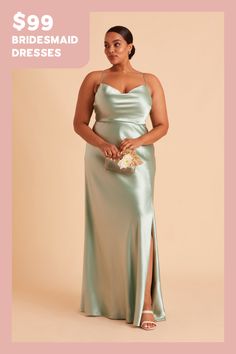 If our Lisa Satin Midi is the young, fun-loving sister, this floor-length one is the elegant, grown-up sis. She still flaunts the same signature 90s cowl neck, but this Lisa is a head-turning statuesque beauty. We see this satin bridesmaid dress paired with a chic little clutch, and a dainty pearl necklace to accentuate your collarbone. Curvy Bridesmaid Dresses, Light Green Bridesmaid Dresses, Green Satin Bridesmaid Dresses, Sage Bridesmaid Dresses, Bridesmaid Dresses Under 100, Green Satin Dress, Satin Bridesmaid Dress, Sage Green Bridesmaid Dress, Sage Green Dress