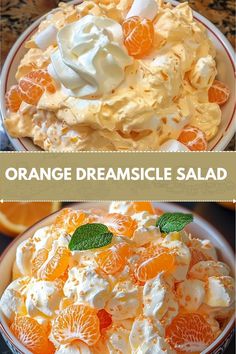 orange dream salad with whipped cream and fresh tangerines in the bowl is ready to be eaten