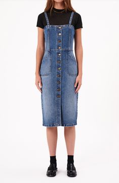 Burnished buttons down the front maintain the classic style of this sleeveless midi dress fashioned from medium-wash denim. Front button closure Square neck Front and back patch pockets Unlined 99% cotton, 1% elastane Machine wash, line dry Imported Sleeveless Denim Dress For Work, Classic Medium Wash Denim Dress For Spring, Classic Summer Denim Dress, Sleeveless Denim Dress With Button Closure For Work, Medium Wash Cotton Midi Dress, Medium Wash Denim Midi Dress, Medium Wash Midi Dress With Pockets, Medium Wash Midi Length Dress With Buttons, Denim Midi Dress With Pockets