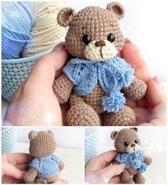 there is a crocheted teddy bear in three different pictures