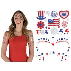 a woman with patriotic tattoos on her arm and face, next to an image of the american flag