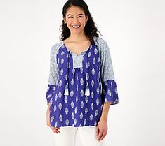 Wardrobe winner! This is the printed tunic to get you excited about your spring/summer closet. Get ready to reach for this tasseled tunic on the regular. From Susan Graver. Susan Graver, Jacquard Sweater, White Halter Maxi Dress, Raglan Sleeve, Jean Coat, Tunic Tops, Top Blouse, Womens Tops, Tops & Tees