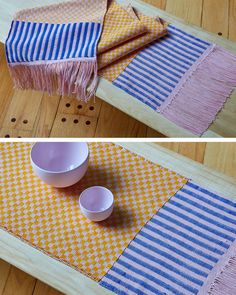 two pictures showing the same table cloth and bowls