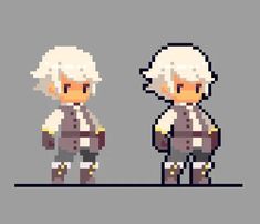 an old pixel art style character with white hair and glasses, standing next to another character in