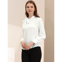 This blouse is made from smooth satin for an elevated feel with a stand collar and shirring on the cuffs for a pretty finishing touch. An effortless option to take the classic top at the office, this elegant blouse from Allegra K is gently designed with a stand collar and bow-tie design that makes a unique and charming. Finished with two-button cuffs is easy to roll up or put down your sleeves to create a stylish and casual look. Feminine Satin Tops For Work, Feminine Satin Tops For Workwear, Solid Color Stand Collar Tops For Work, Elegant Top With Stand Collar, Solid Tie Neck Blouse For Work, Classic Blouse With Stand Collar For Work, Elegant Semi-formal Tops With Stand Collar, Solid Color Blouse With Stand Collar For Work, Classic White Satin Blouse