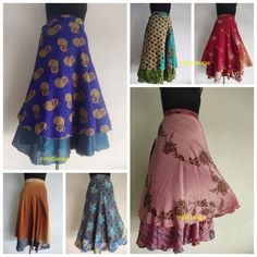 Indian Silk Skirts, Vintage Silk Skirt, Bohemian Skirts, Wrap sari skirts Wholesale Handmade Vintage Indian Silk Maxi Skirt, Bohemian Floral skirt, Hippie Boho skirt, Summer Wrap skirt Double Layer Skirt Upcycled Flamenco Wrap Skirt Indian Silk Long Skirt Women Magic Vintage Beautiful Print Skirts. (Assorted Colors) Beautiful and high quality reversible wrap skirts with two layers gives you two beautiful skirts for the price of one! This skirt is made from Art silk imported from India  This skirt has the unique combination of designs and final touch of thread work on its corners which makes the product look artistically awesome. Tones of fabric that packs down to nothing, so perfect for travelling! Pattern: - Wrap Skirts Premium : -  Art Silk Skirts. Colors : - Assorted colors And design w Bohemian Skirts, Skirt Indian, Silk Skirts, Skirts Wrap, Flowy Skirts, Sari Skirt, Silk Wrap Skirt, Skirts Casual, Hippie Summer