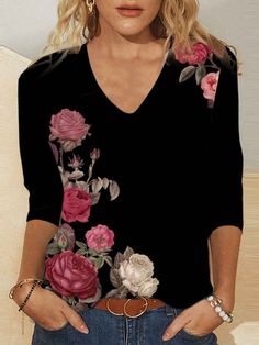 Womens Pink Floral Print Black T-Shirts Light Weight V-Neck Long Sleeve Tops S-5XL Casual Black V-neck Top For Fall, Black Long Sleeve Floral Print T-shirt, Black T-shirt With Floral Print For Fall, Black Graphic Print V-neck Top, Black V-neck T-shirt For Spring, Black Printed V-neck Top, Watercolor Marble, Black T Shirts, Pink Floral Print