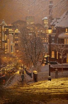 a painting of people walking down a snowy street in the city at night with lights on