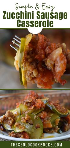 an image of zucchini sausage casserole on a plate with a fork