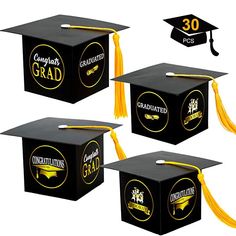 graduation caps and tassels are shown in three different colors, with the words congratulations grad on them