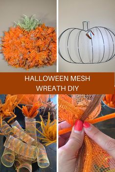 four different pictures showing how to make mesh wreaths with pumpkins and leaves on them