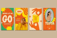 three posters with different women on them, one in yellow and the other in orange