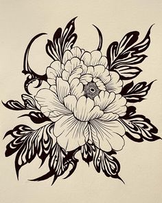 a black and white drawing of a flower with leaves on the bottom half of it