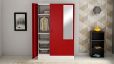 a red and white closet in the corner of a room